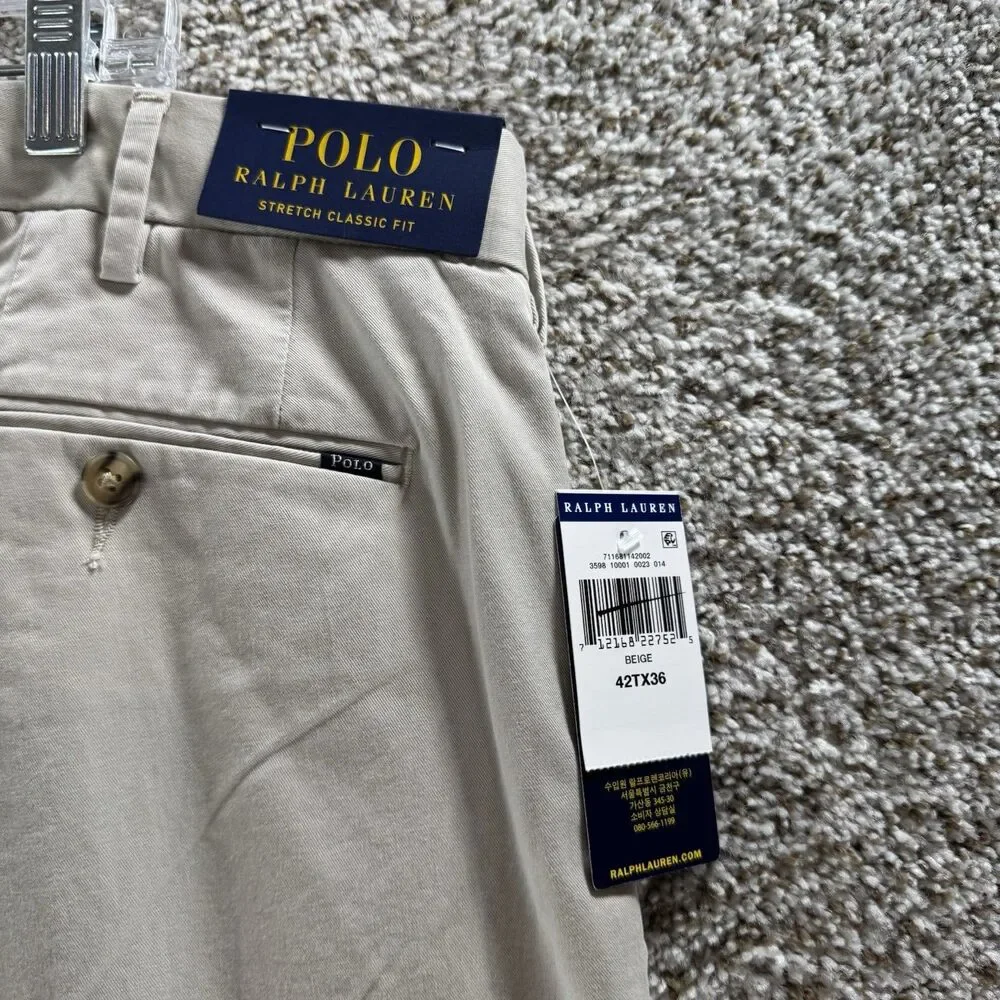 Polo Ralph Lauren Pants Mens 42x36 Stretch‎ Classic Fit Chino Tan New With Tags